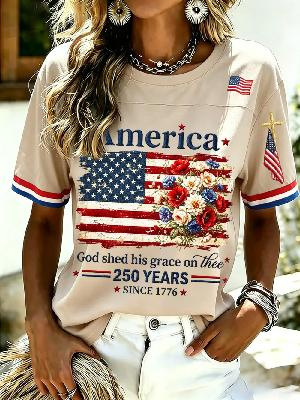 Women's Summer American 250th Anniversary Flag Print T-Shirt