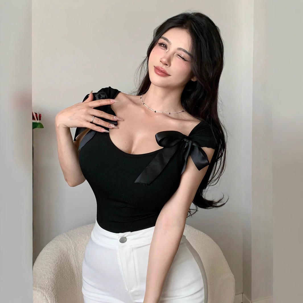 Women's Bow-Tie Slim Fit Sleeveless U-Neck Solid Tank Top