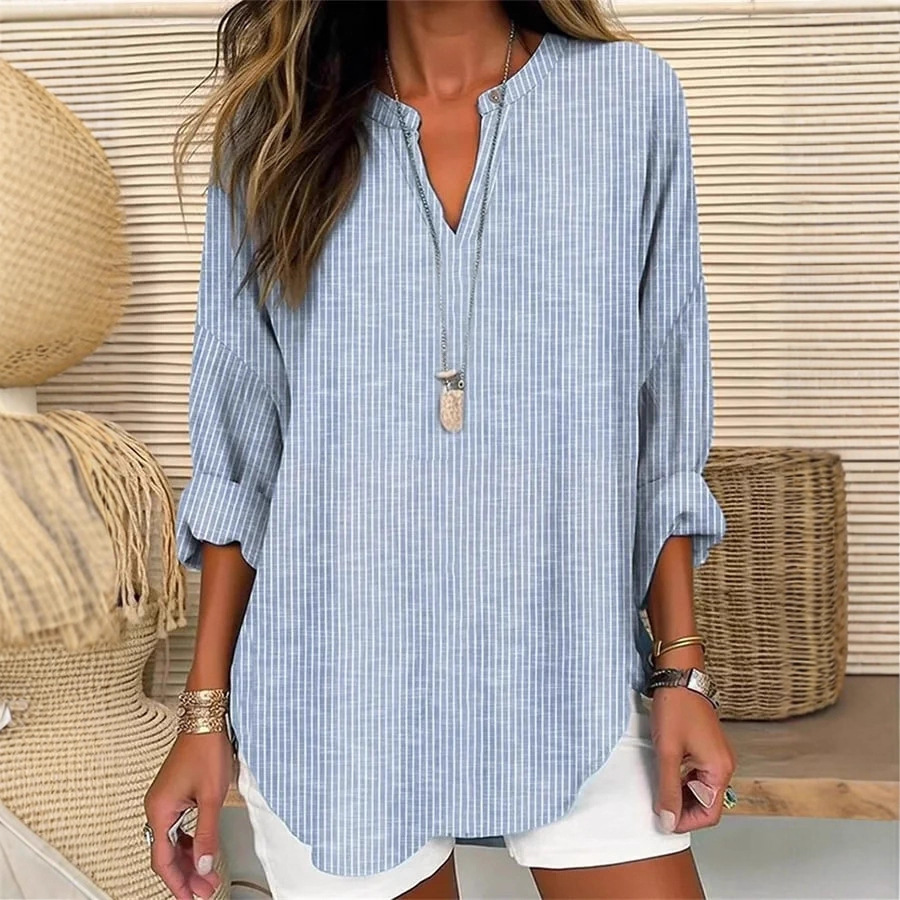 Women's Solid Print V-Neck Long Sleeve T-Shirt