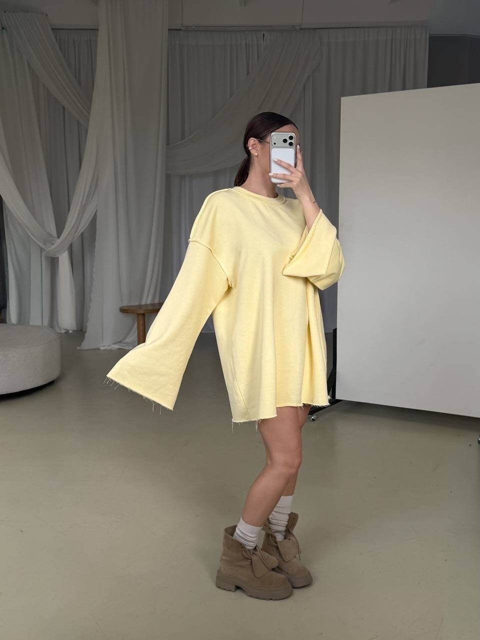 Women's Oversized Midi Sweatshirt Dress Long Sleeve Crew Neck Solid Color