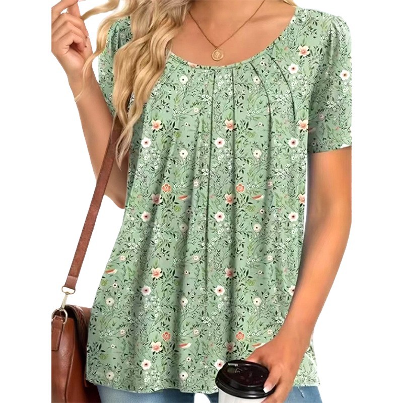 Elegant Floral Print Short Sleeve T-Shirt Puff Sleeve Round Neck