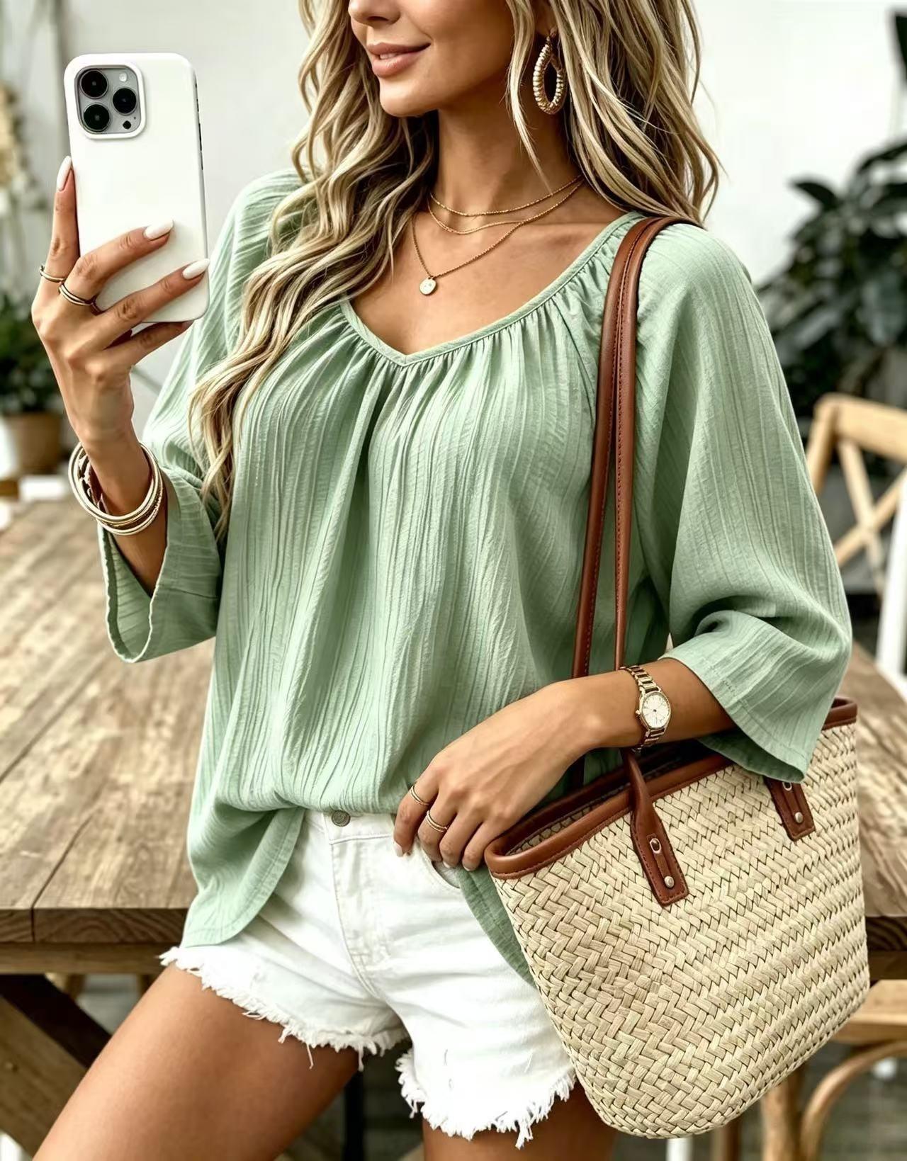 Women's Casual V-Neck Long Sleeve Loose Solid Pullover T-Shirt
