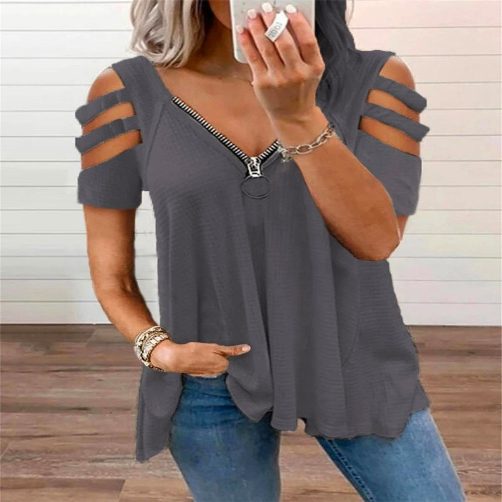 Women's Cold-Shoulder Short-Sleeve V-Neck Zip Solid T-Shirt Top