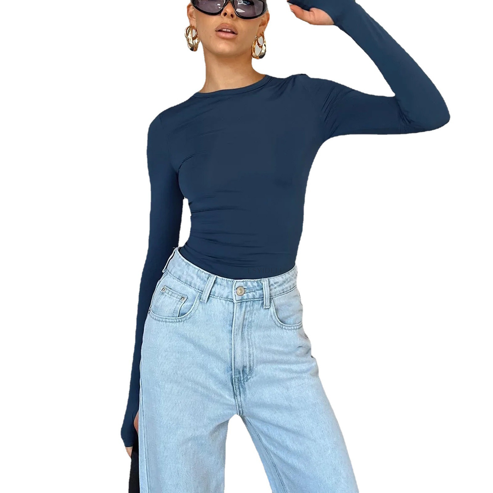 Women's Solid Crewneck Slim Fit Long Sleeve Top