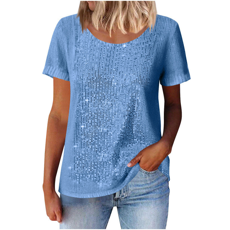 Women's Sequin Loose Crewneck Short Sleeve Top