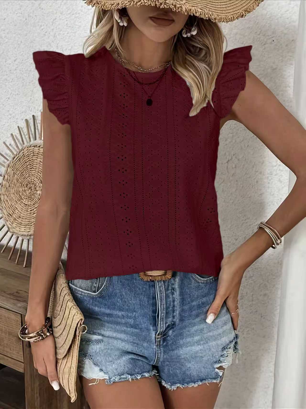 Women's Crewneck Ruffle Sleeve Tie-Back Solid Top