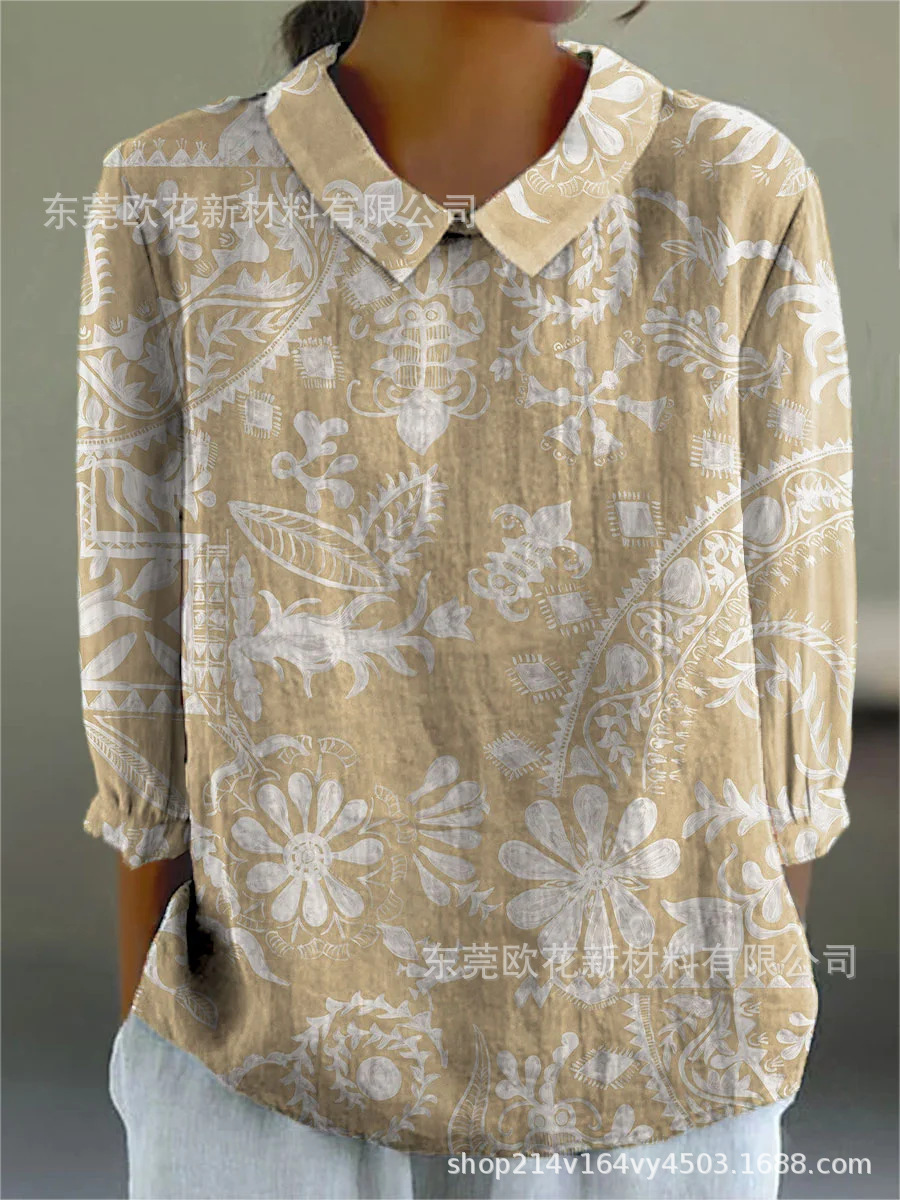 Floral Print Collared Loose Long-Sleeve 3D Print T-Shirt for Women