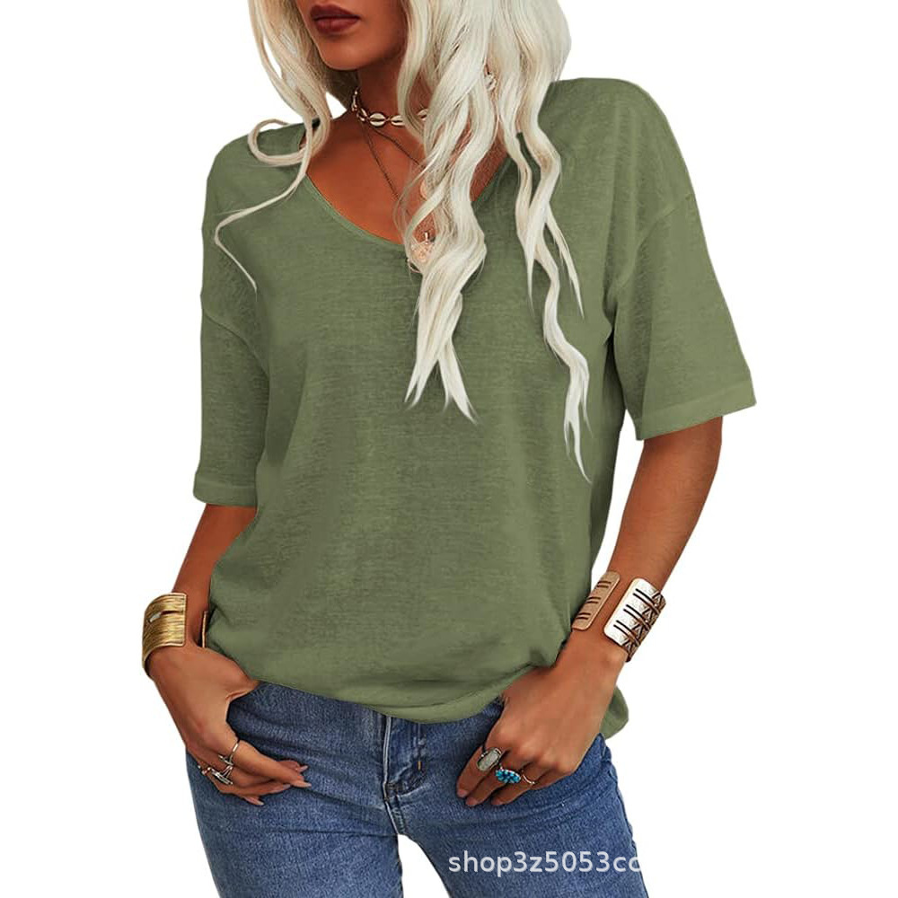 Women's V-Neck Short Sleeve Loose Fit T-Shirt Casual Solid Color Basic Top