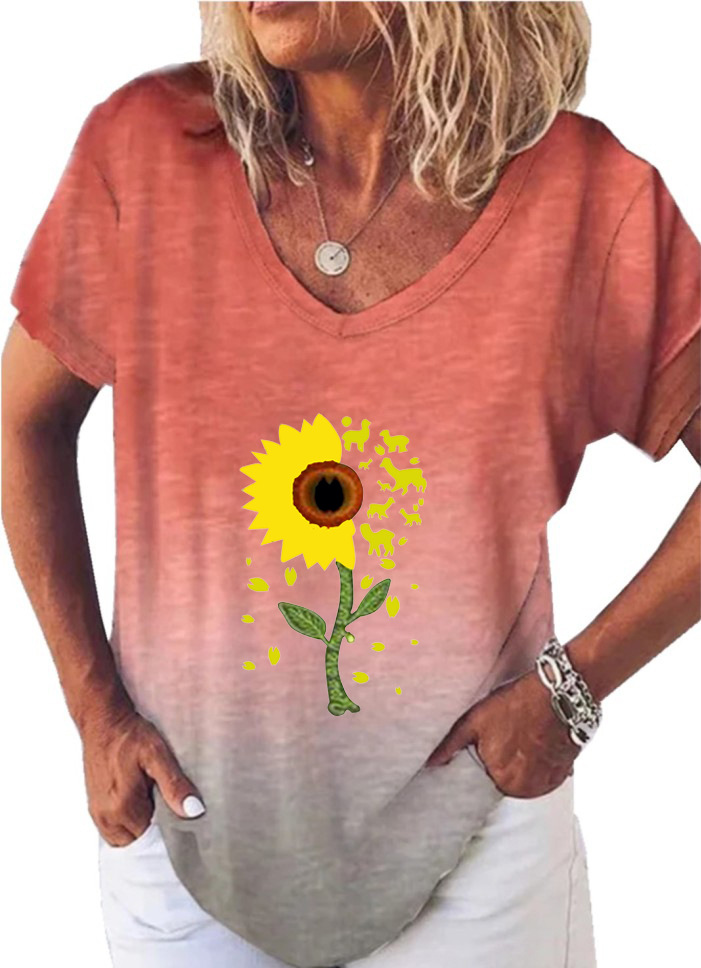 Sunflower Print V-Neck Short Sleeve Women's T-Shirt