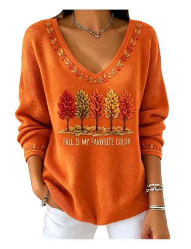 Women's V-Neck Long Sleeve T-Shirt with Tree Maple Leaf Print
