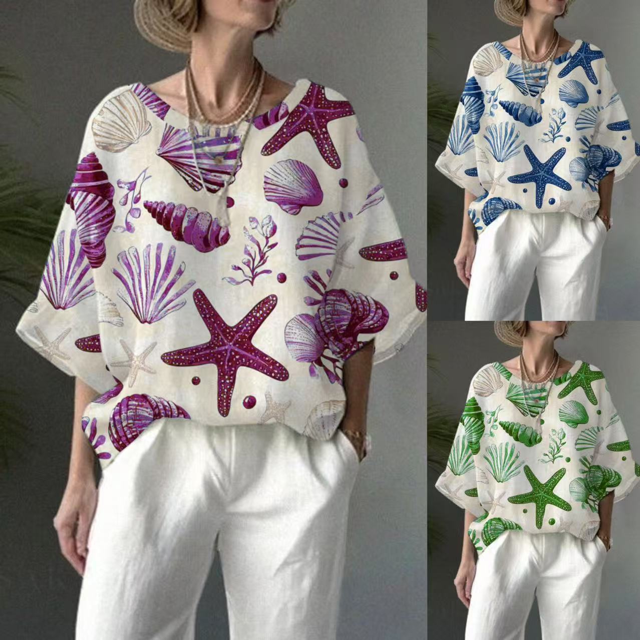 Women's Summer Digital Print Half-Sleeve Round Neck Loose Casual Top
