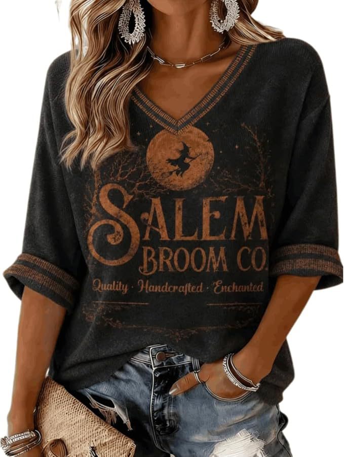 Women's Halloween Witch Letter Print V-Neck Half-Sleeve T-Shirt