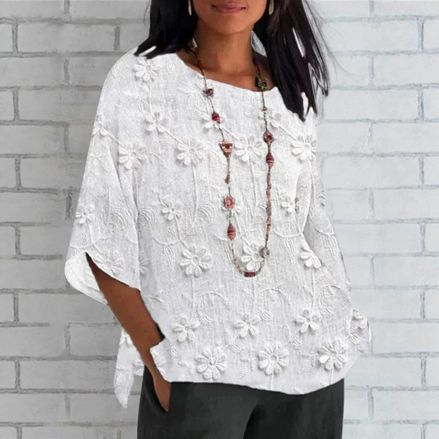 Women's Floral Petal Print Mid-Sleeve Casual Top