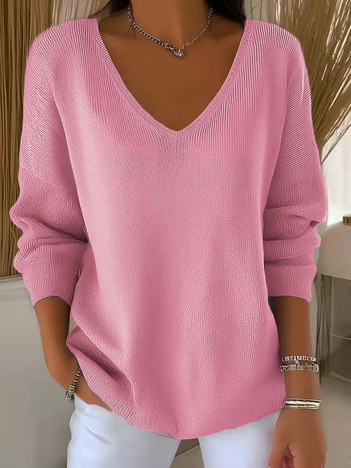 Women's Minimalist Solid V-Neck Long-Sleeve T-Shirt