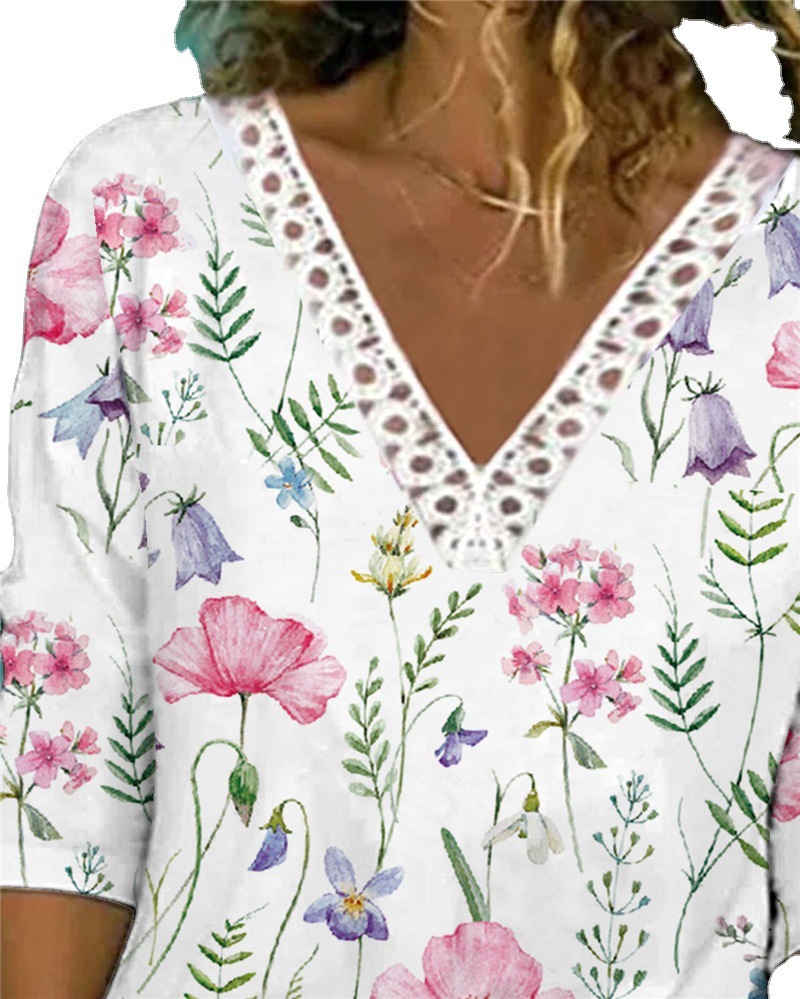 Women's Lace V-Neck Floral Print Loose Fit Long Sleeve T-Shirt