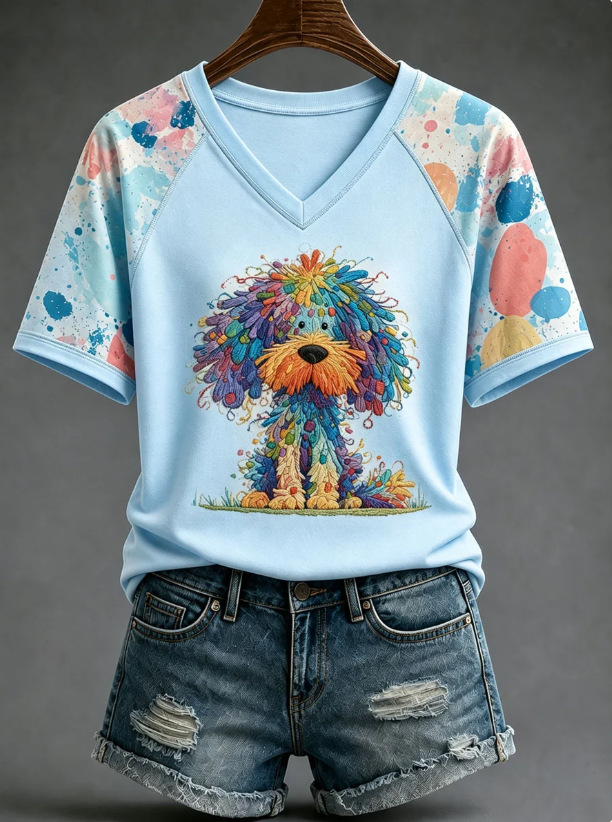 Women's Short Sleeve V-Neck T-Shirt with 3D Dog Print