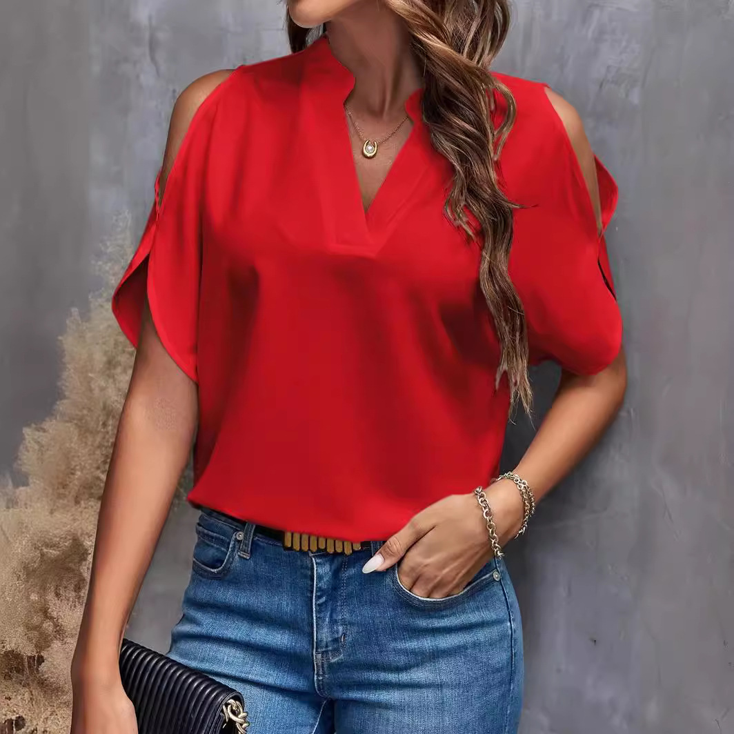 Women's Solid V-Neck Cold-Shoulder Short Sleeve Top