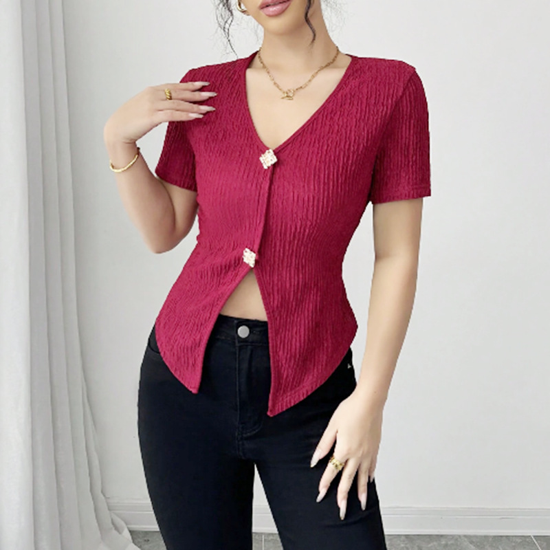 Women's Red V-Neck Short Sleeve Top with Metal Button Detail