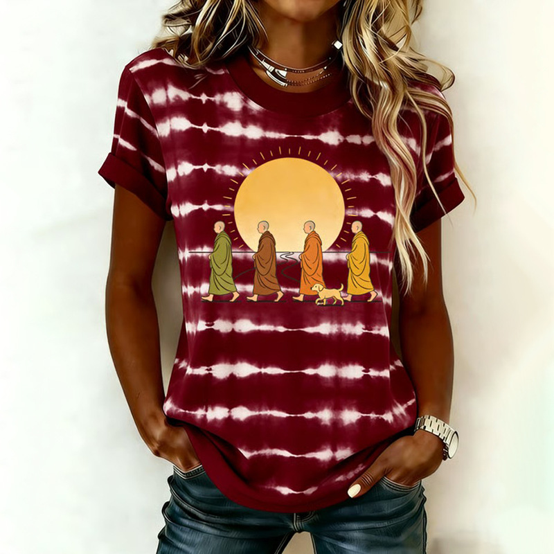 Women's Summer Waist-Fitted Crew Neck Short Sleeve Top with Monk and Peace Dog Print