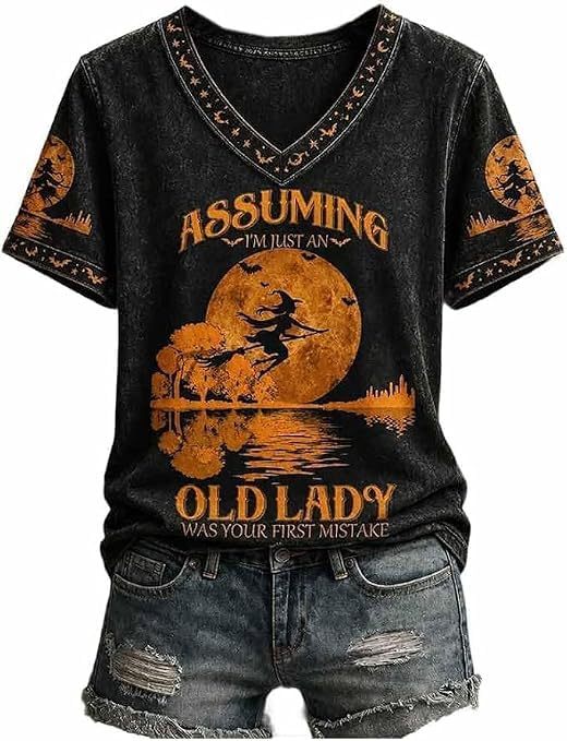 Halloween Evil Witch Print V-Neck Short Sleeve Women's T-Shirt