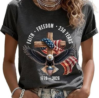 Eagle American Flag Cross Print Crewneck Short Sleeve T-Shirt