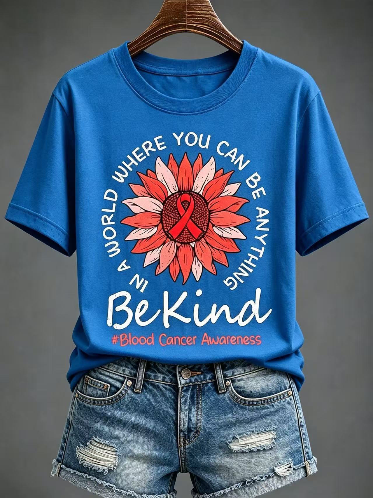 Sunflower Red Ribbon Letter Print Women's V-Neck Short Sleeve T-Shirt