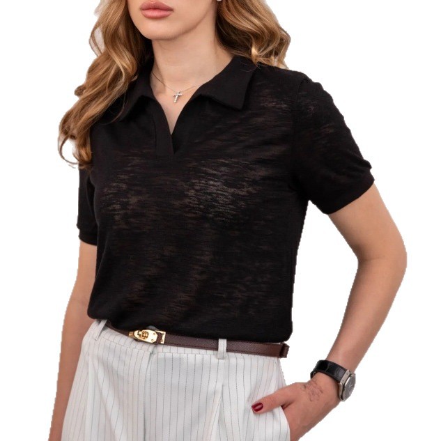 Women's Solid Color Short Sleeve Polo Neck Loose T-Shirt