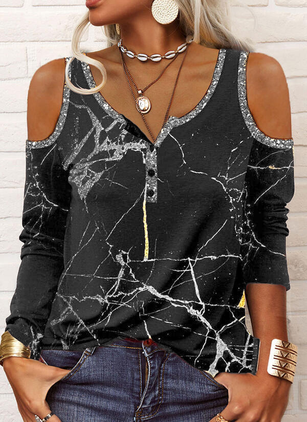 Women's Long Sleeve Crackle Print Off-Shoulder T-Shirt