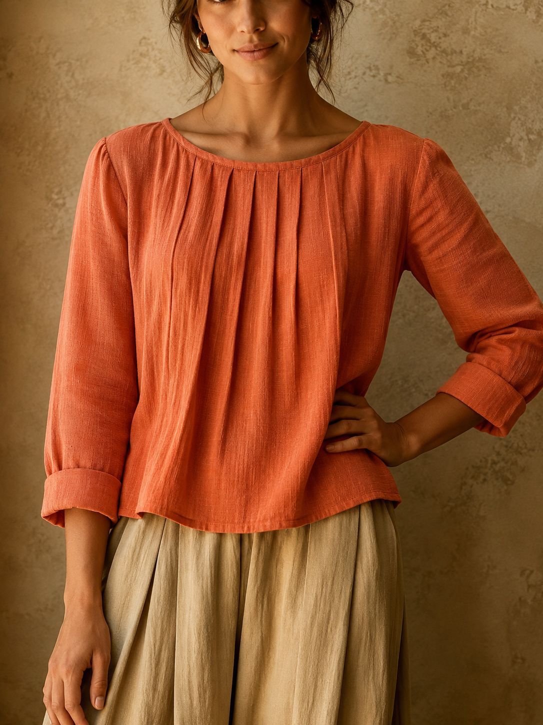 2026 New Cross-Border Summer Women's Cotton-Linen Top Loose Slimming Pleated Round Neck Eight-Sleeve Shirt Solid Color Casual