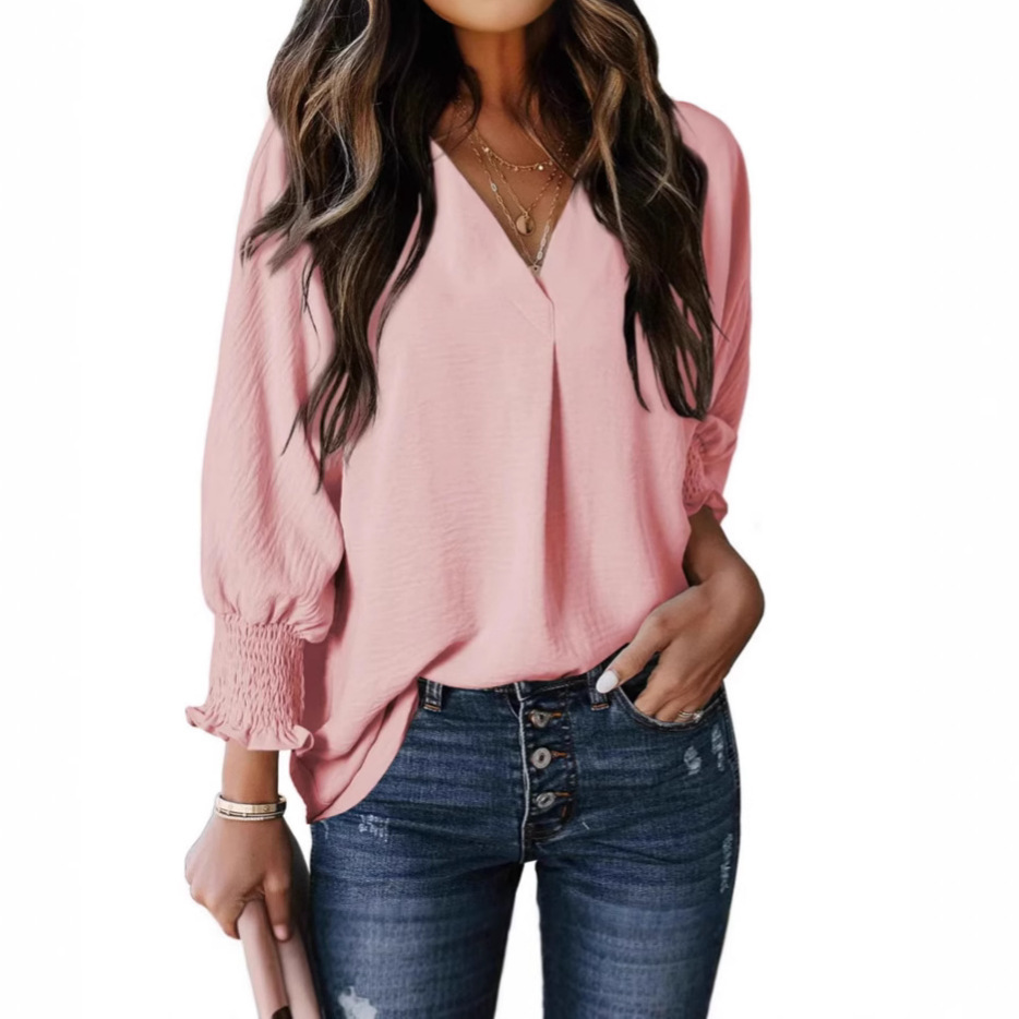 Women's V-Neck Long Sleeve Loose Fit Blouse Top