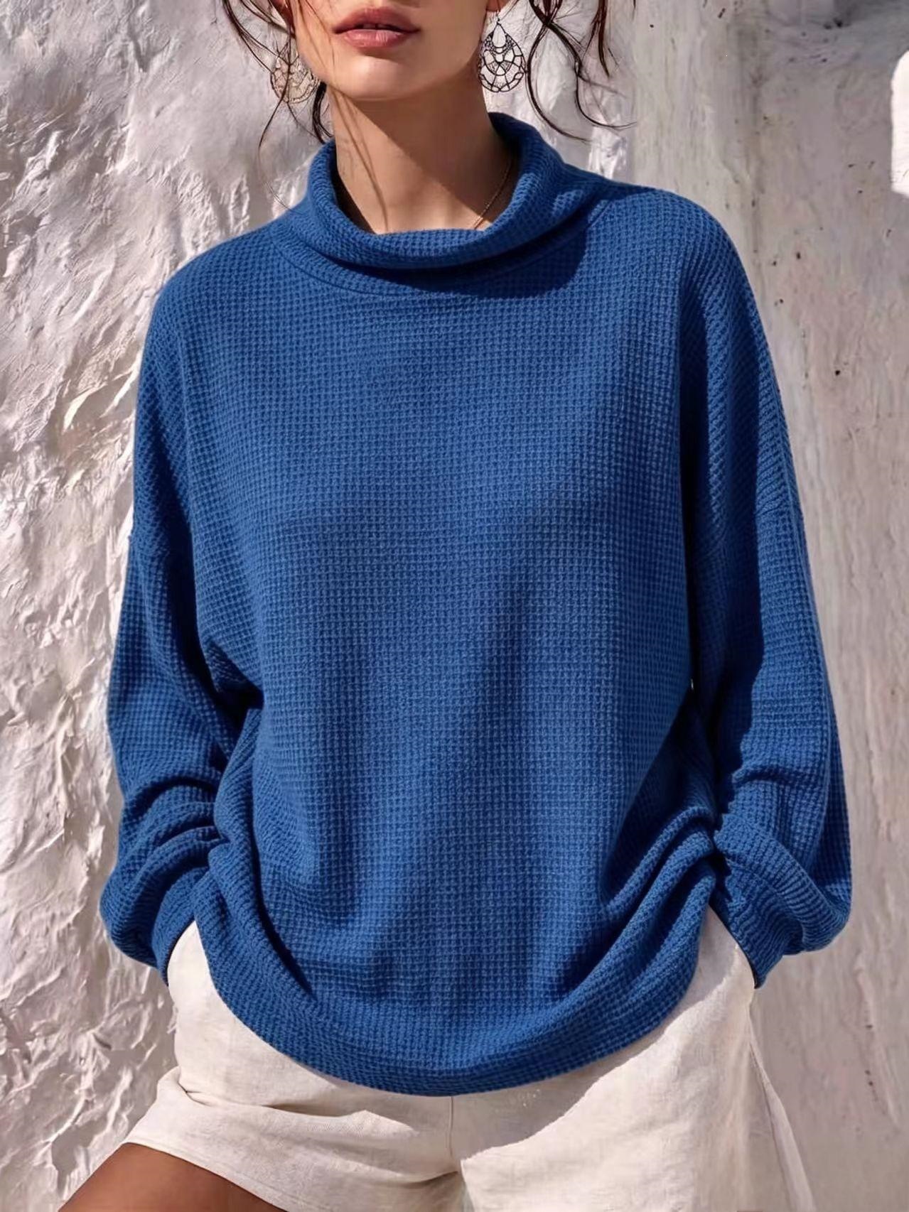 Waffle Knit Long Sleeve Scarf Neck Top Women's Loose Solid Color