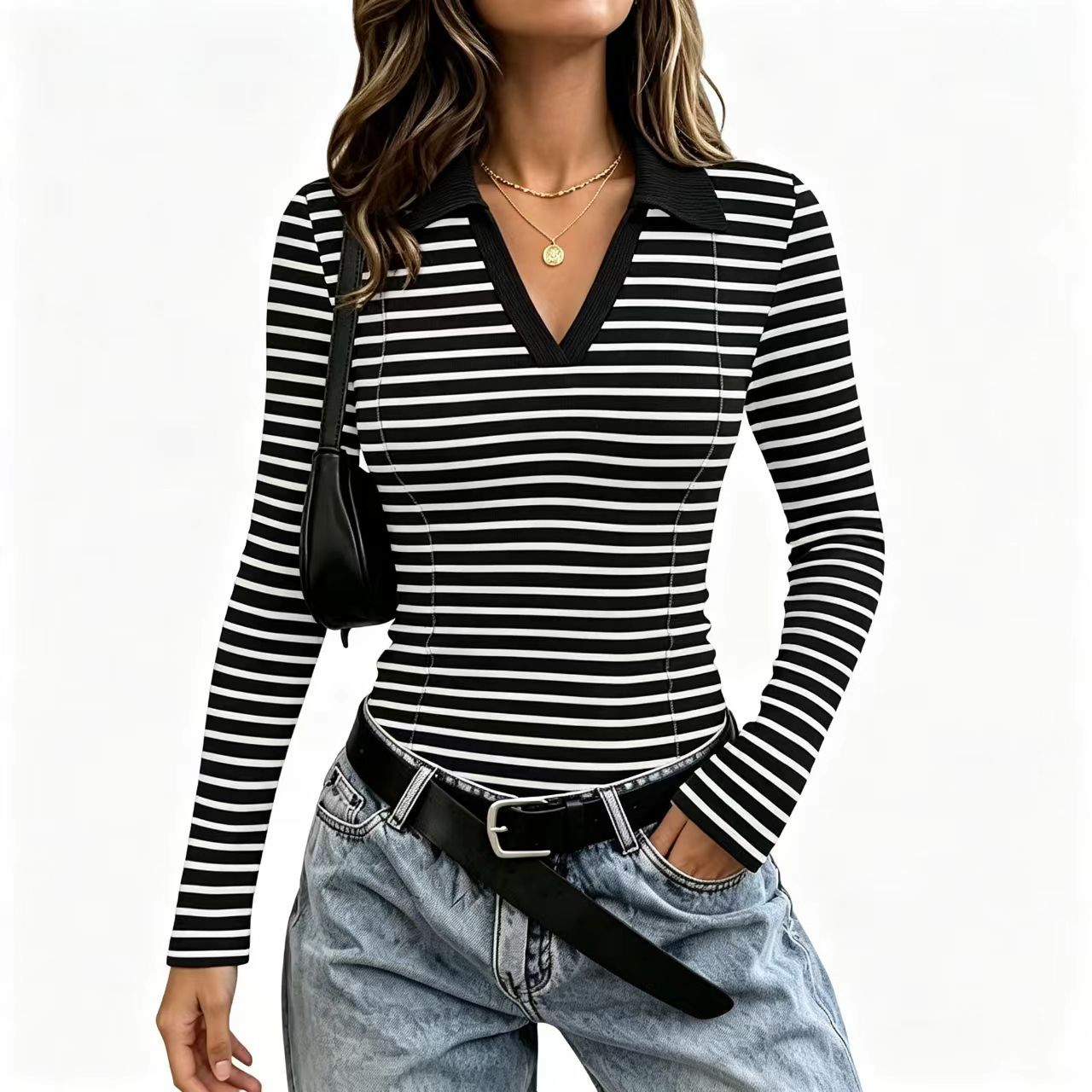 Retro Black and White Striped V-Neck Long-Sleeve Polo Shirt
