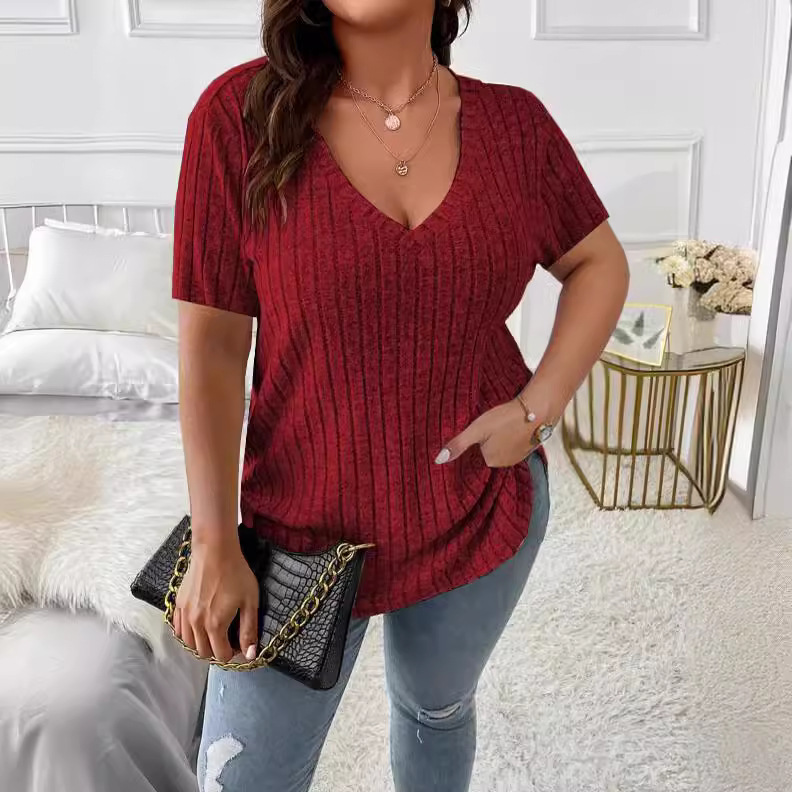 Women's Plus Size Ribbed V-Neck Short Sleeve Top