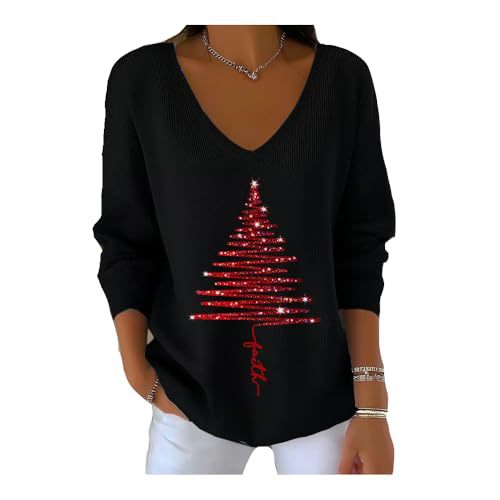 Women's V-Neck Long Sleeve Book & Christmas Tree Print T-Shirt