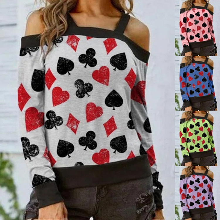 Women's Off-Shoulder Printed Long-Sleeve T-Shirt Casual Sexy Top