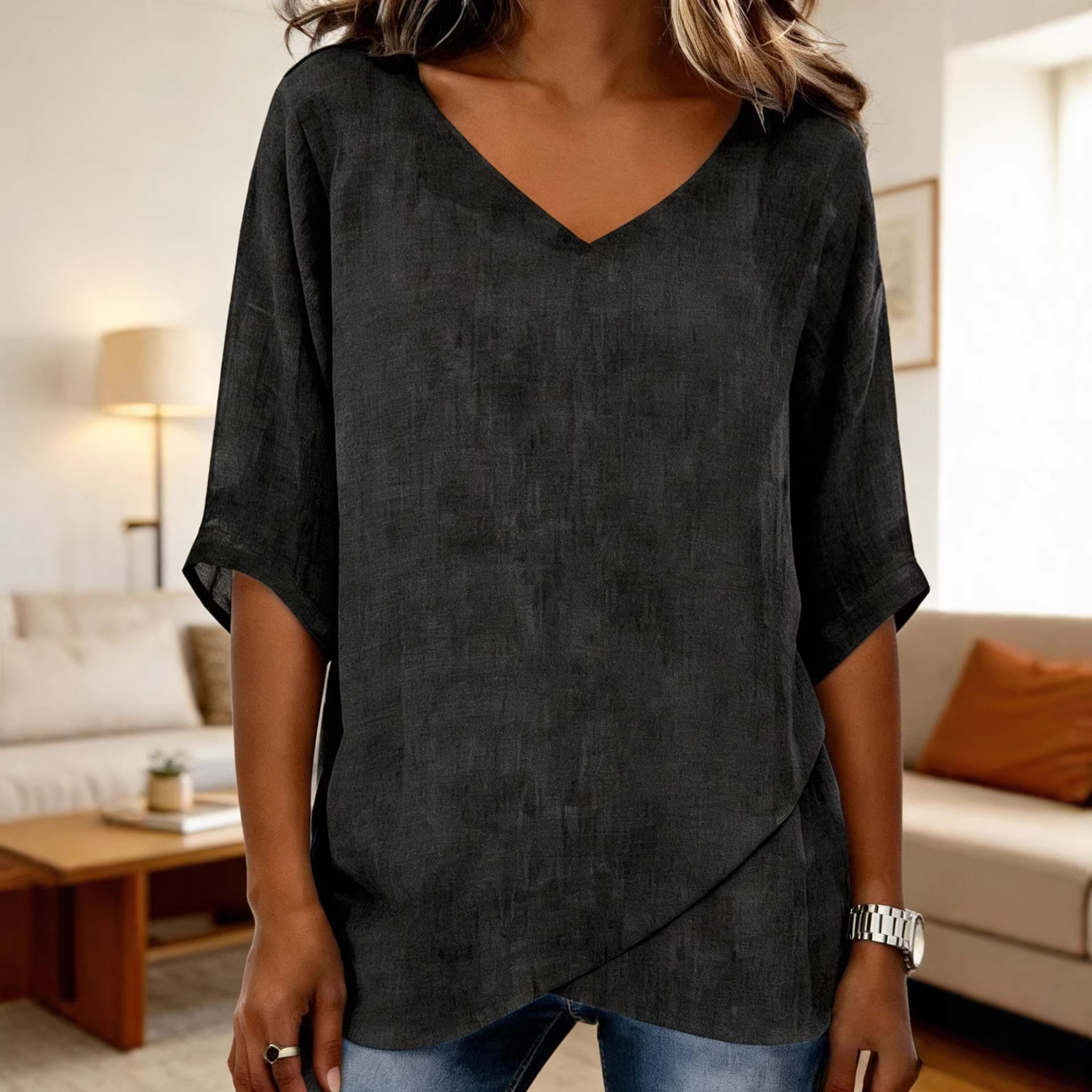 V-Neck Asymmetrical Short Sleeve Casual Top