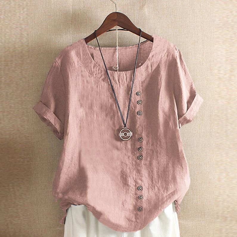 Women's Summer Loose Button Round Neck T-Shirt
