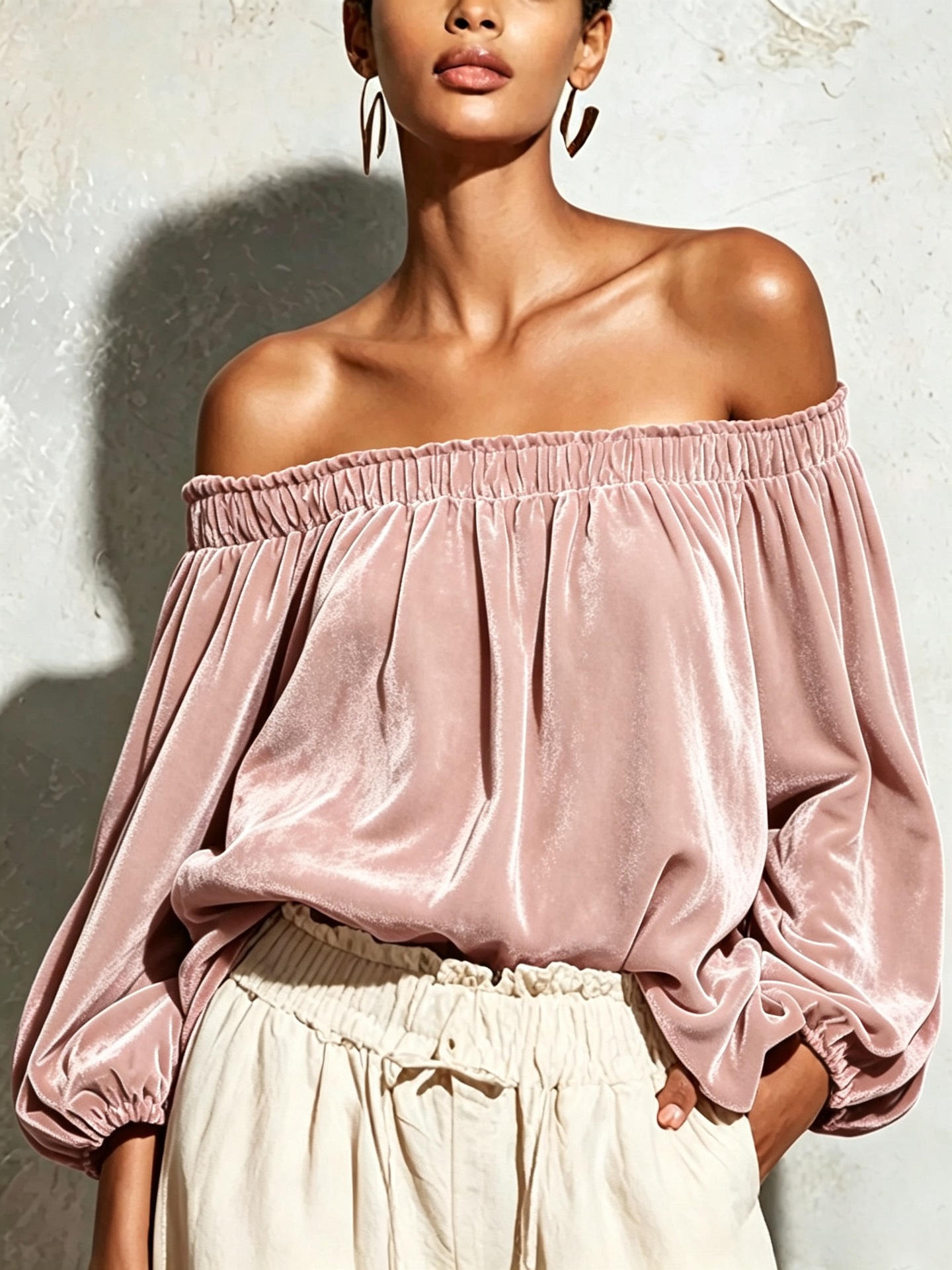 Velvet Off-Shoulder Top with Lantern Sleeves