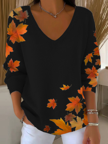 Maple Leaf Print V-Neck Long-Sleeve T-Shirt