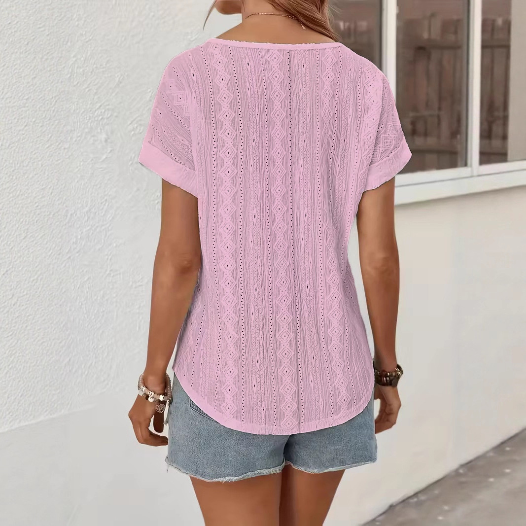 Women's Color-Block V-Neck Hollow-Out Knit Short-Sleeve Top with Rolled Cuffs
