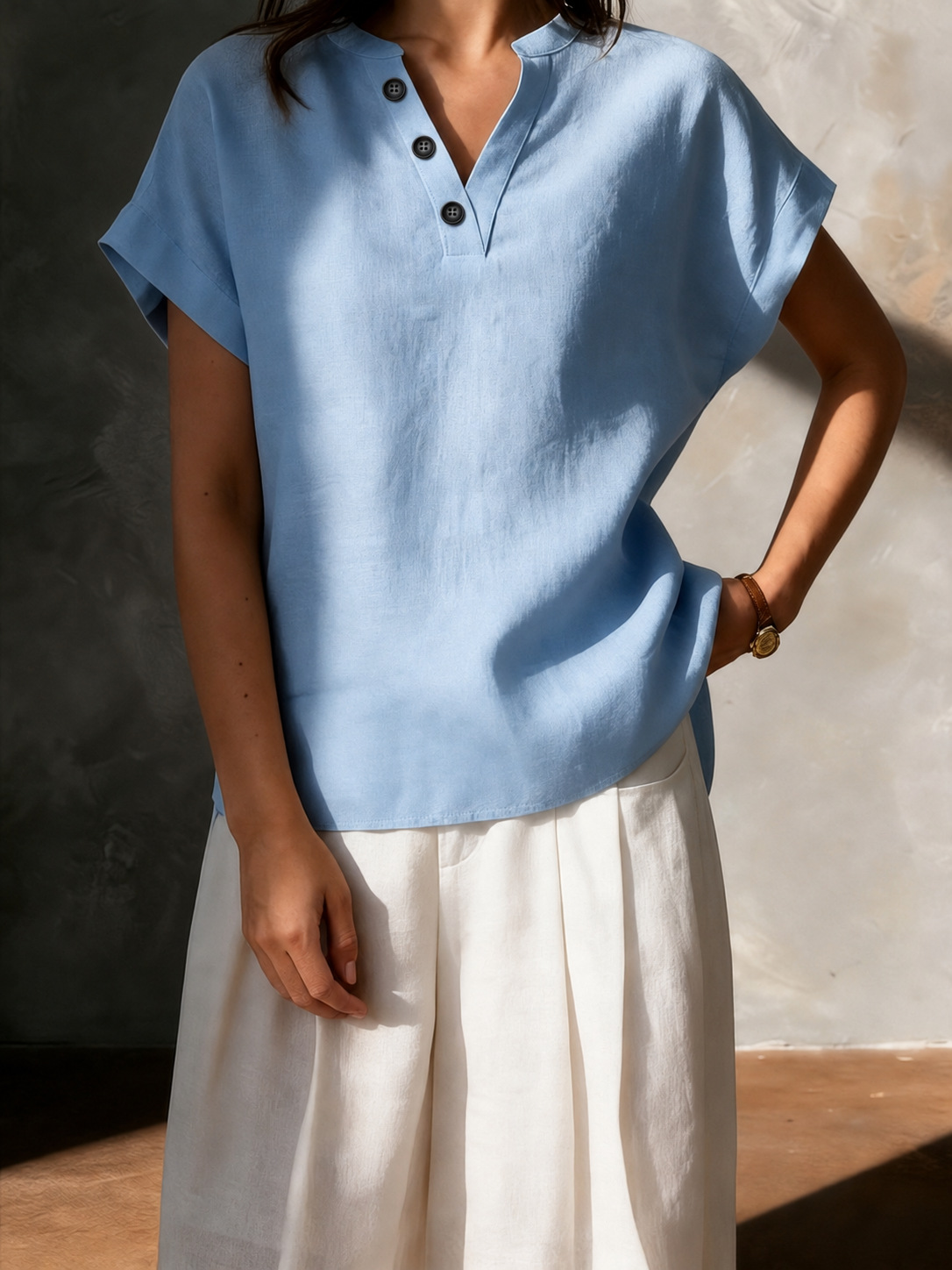 2026 New Cross-Border Women's Fashion Foreign Trade European and American Cotton-Linen High-End Feel Women's V-Neck Button Short-Sleeve Solid Color Shirt