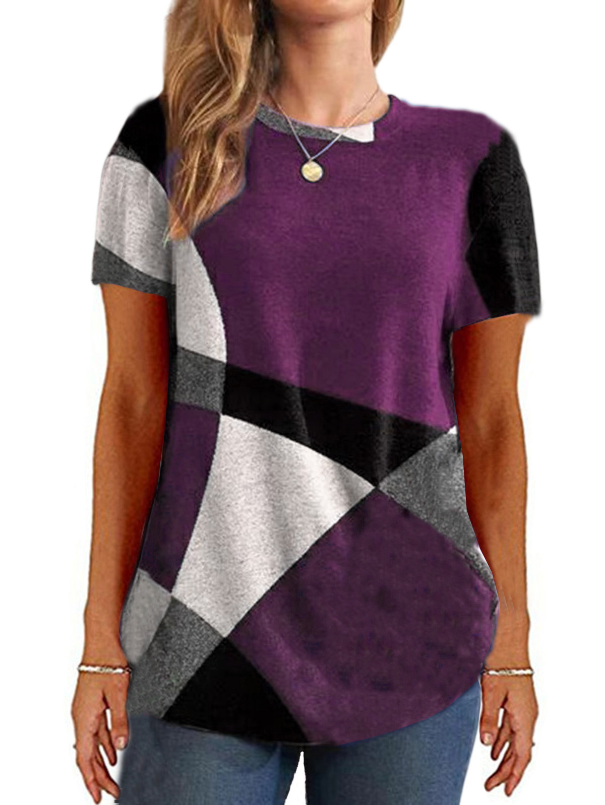 Button Geometric Colorblock Long Sleeve Print Loose T-Shirt Women's Top