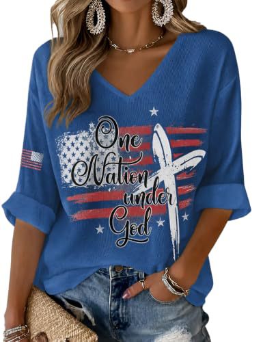 American Flag Letter Print V-Neck Half-Sleeve T-Shirt for Women