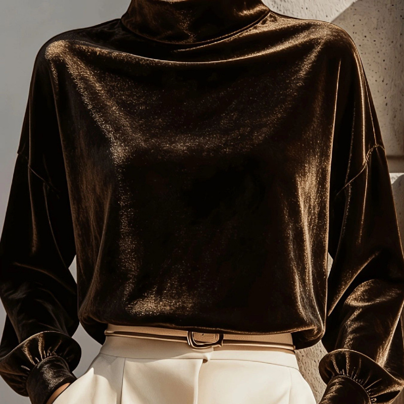 Velvet Mock Neck Long Sleeve Loose Fit Top