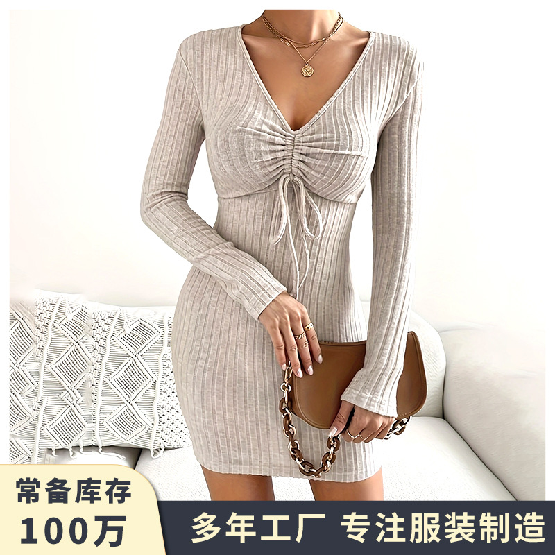 Striped V-Neck Long Sleeve Bodycon Midi Dress
