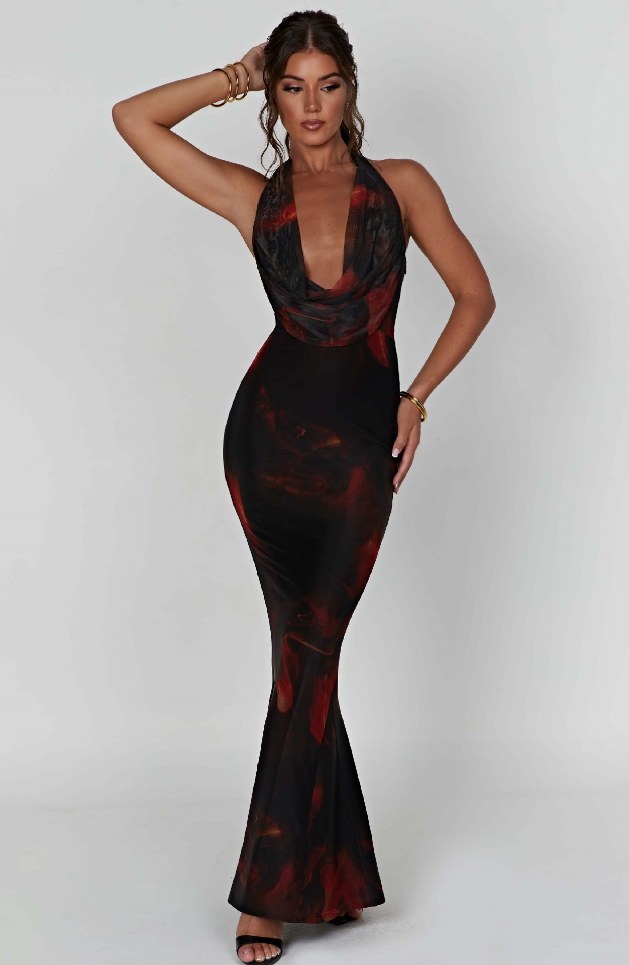 Women's Printed V-Neck Halter Open-Back Long Dress