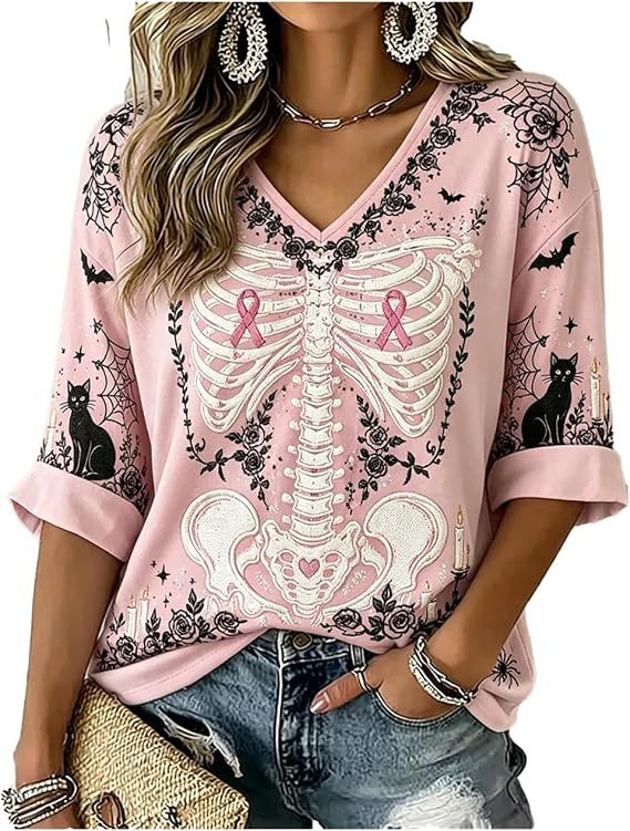 Skeleton Floral Ribbon Print V-Neck Half-Sleeve T-Shirt