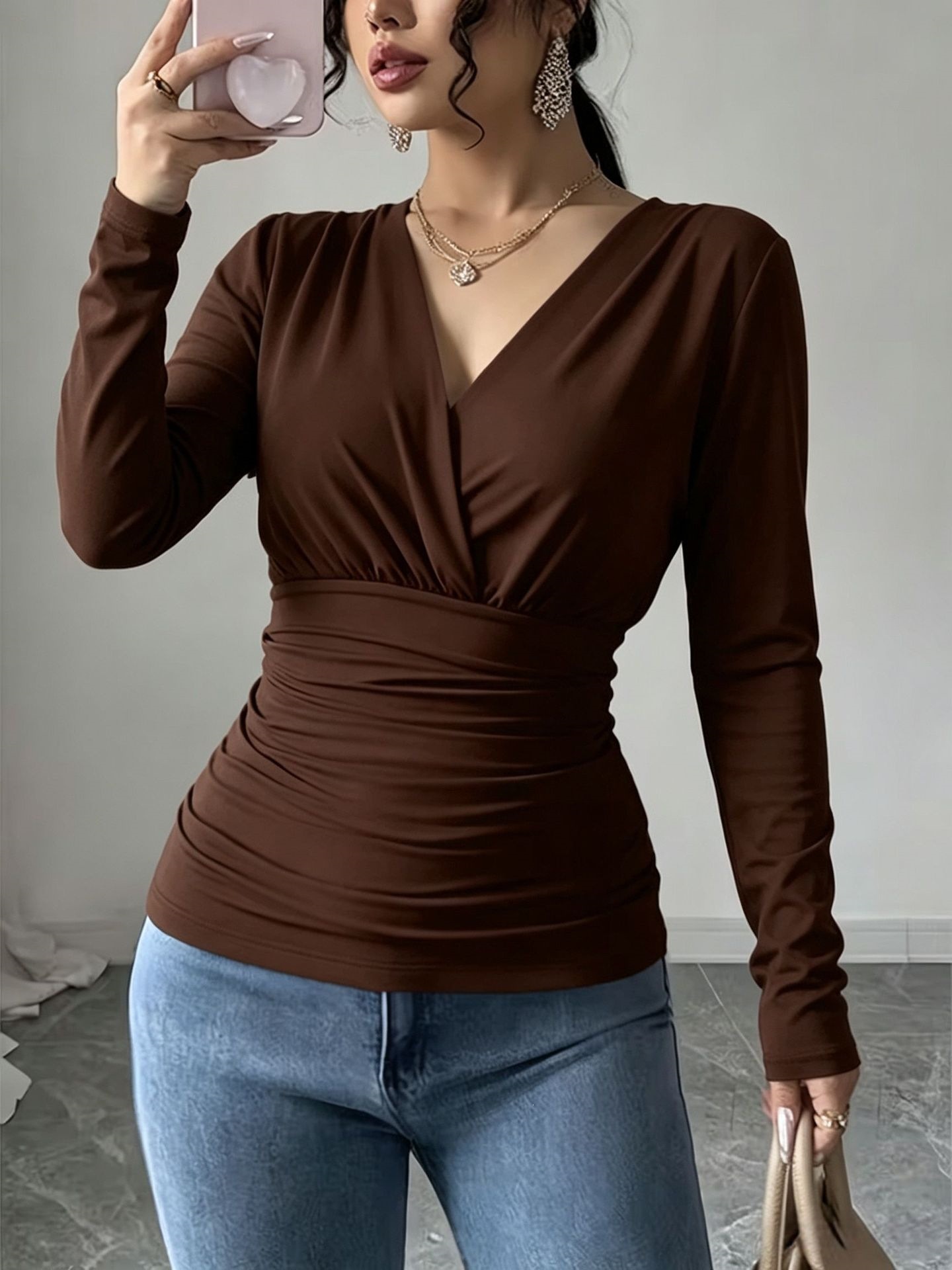 Women's French Cross V-Neck Ruched Waist Slimming Long Sleeve T-Shirt