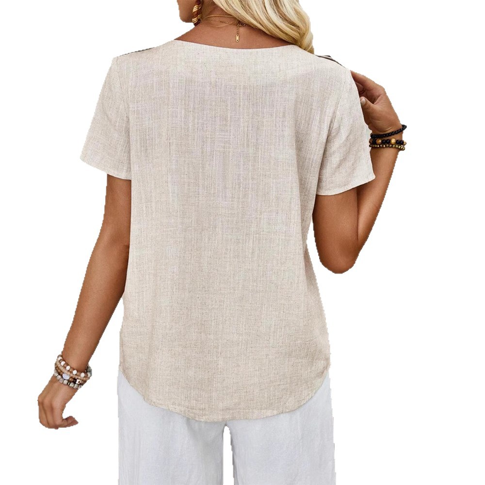Women's Solid Crewneck Short Sleeve Button Top