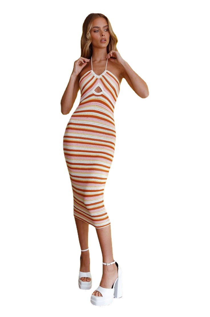 Women's Sleeveless Halter Tie Backless Striped Bodycon Midi Dress